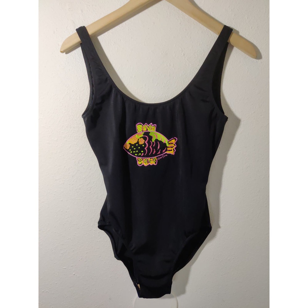 Ken Done Vintage Black Embroidered Fish Scoop Back One Piece Swimsuit 12